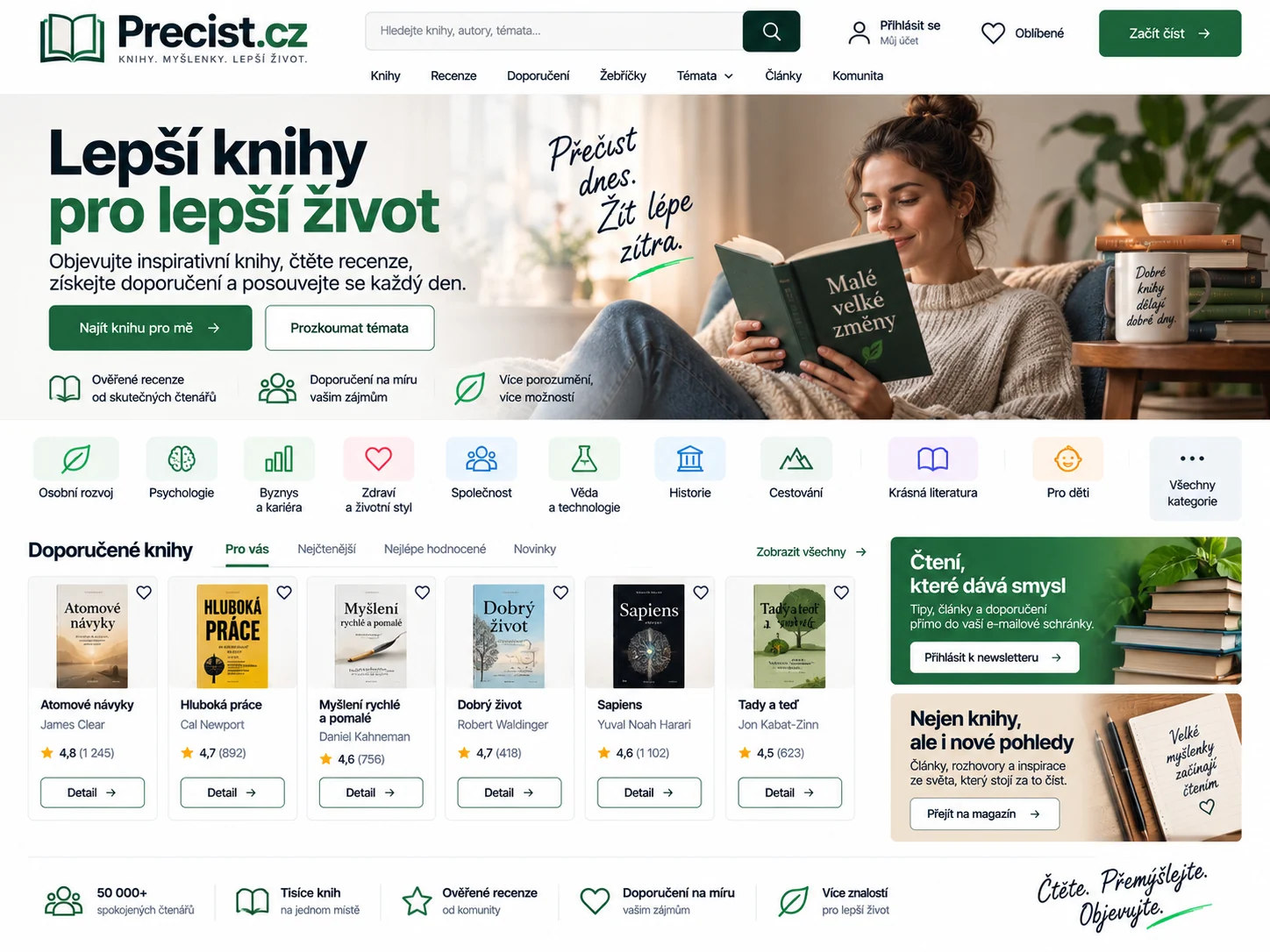 Ilustrační návrh čtenářského webu Precist.cz s knihami a články